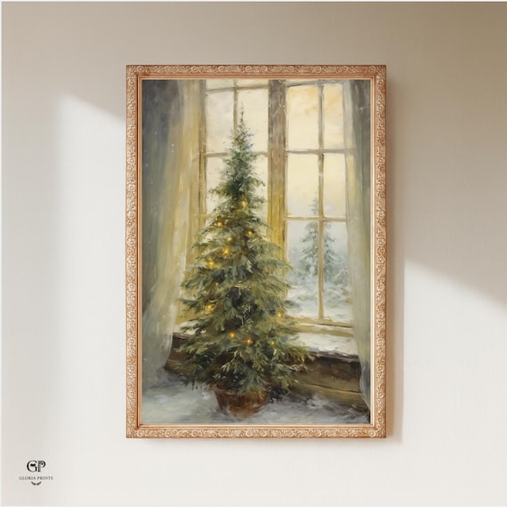 Vintage Christmas Tree Window Print | Farmhouse Holiday Decor