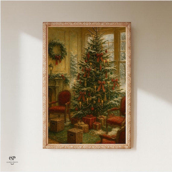 Vintage Christmas Tree Interior Painting, Antique Holiday Print, Rustic Farmhouse Christmas Decor, Festive Art