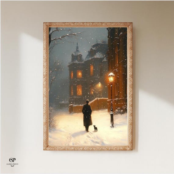 Vintage Snowy City Street Painting, Moody Man and Cat Winter Print, Dark Academia Decor, Wall Art, Mailed Print