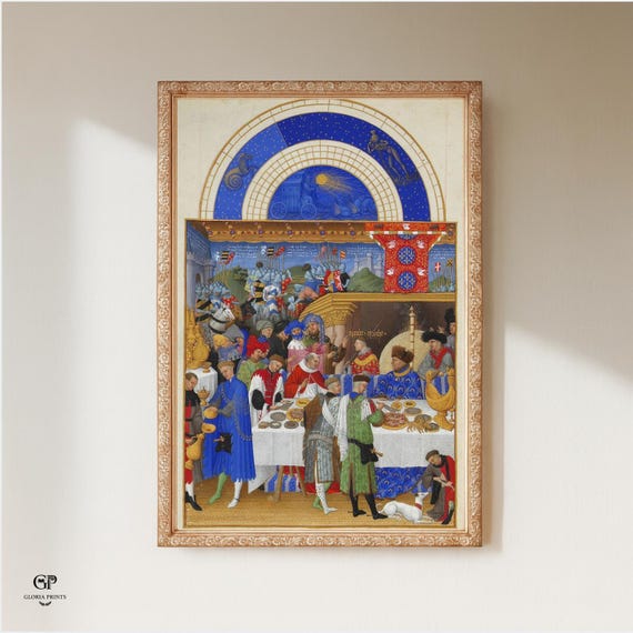Très Riches Heures Illuminated Manuscript Print Ready to Hang, Medieval Gothic Banquet Wall Art Decor Gift