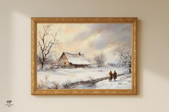 Vintage Winter Landscape Print, Snowy Cottage, Rustic Farmhouse Decor
