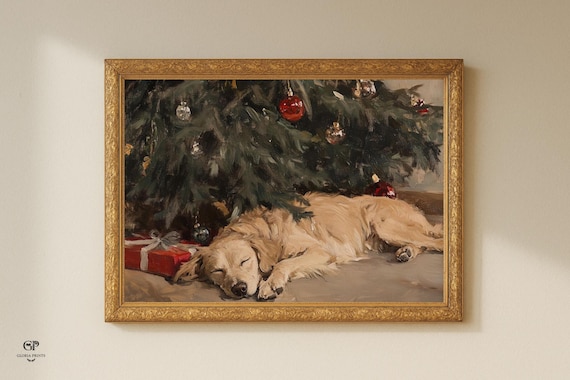 Christmas Dog Print, Sleeping Pet Under Tree, Farmhouse Holiday Art (Digital Download)