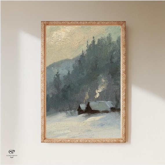 Winter Cabin Oil Painting Print, Rustic Snow Landscape, Cottagecore Decor