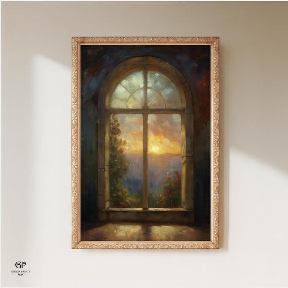 Vintage Sunset Oil Painting, Window View Landscape Print