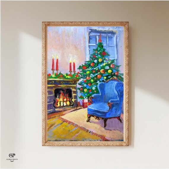 Vintage Christmas Fireplace Painting, Cozy Holiday Living Room Print, Colorful Festive Decor, Winter Art, Mailed Print