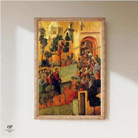 Medieval Entry into Jerusalem Painting Print Ready to Hang, Early Italian Gothic Religious Wall Art Decor Gift