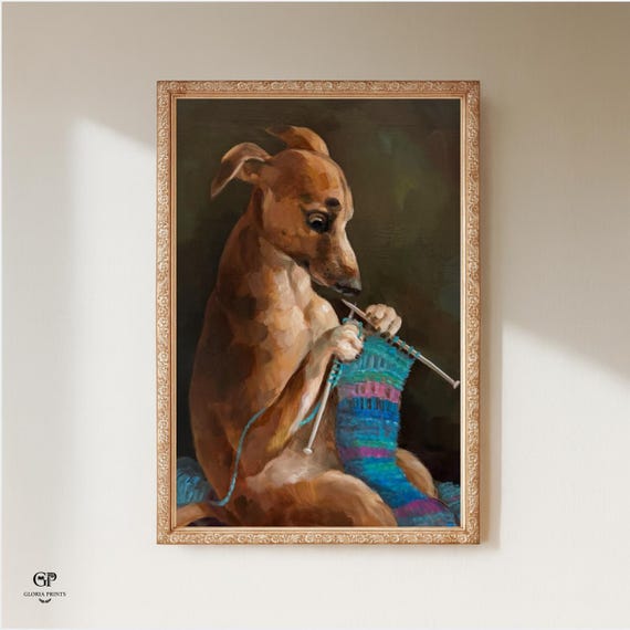 Funny Dog Knitting Oil Painting | Humorous Canine Animal Art | Cozy Hobby Needlework Decor | Mailed Print