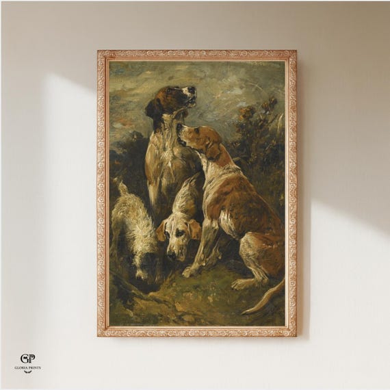 Vintage Hunting Dogs Portrait | Rustic Canine Animal Art | Antique Farmhouse Cabin Hunting Decor | Mailed Print