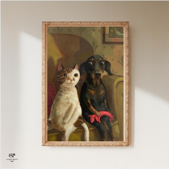 Funny Cat and Dog Best Friends Painting, Humorous Pet Portrait Print, Quirky Living Room Decor, Animal Art, Mailed Print