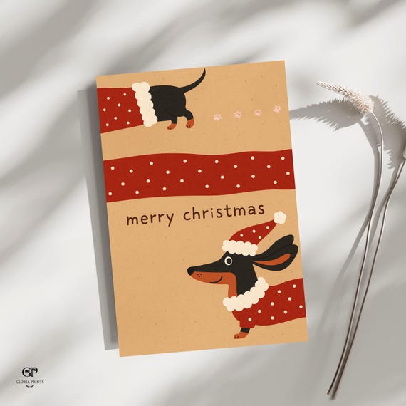 Cute Dachshund Christmas Card | Minimalist Holiday Dog Illustration | Printable Merry Christmas PNG | Digital Greeting Card
