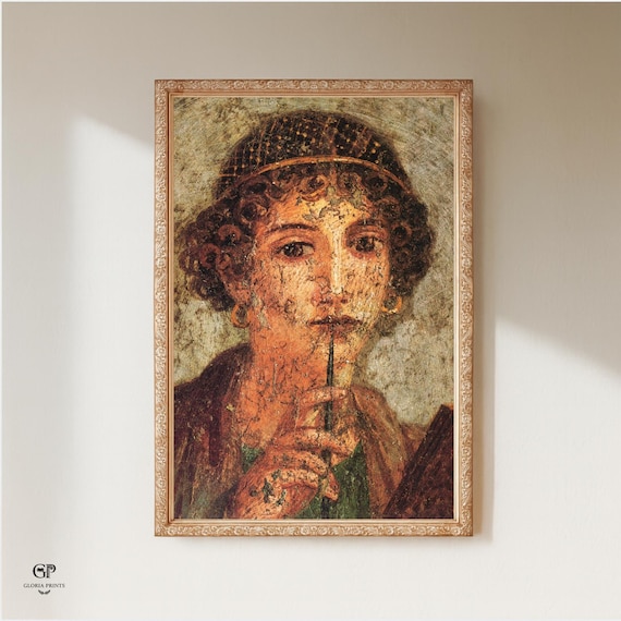 Pompeii Sappho Fresco Print Ready to Hang, Ancient Roman Intellectual Light Academia Wall Art Decor Gift