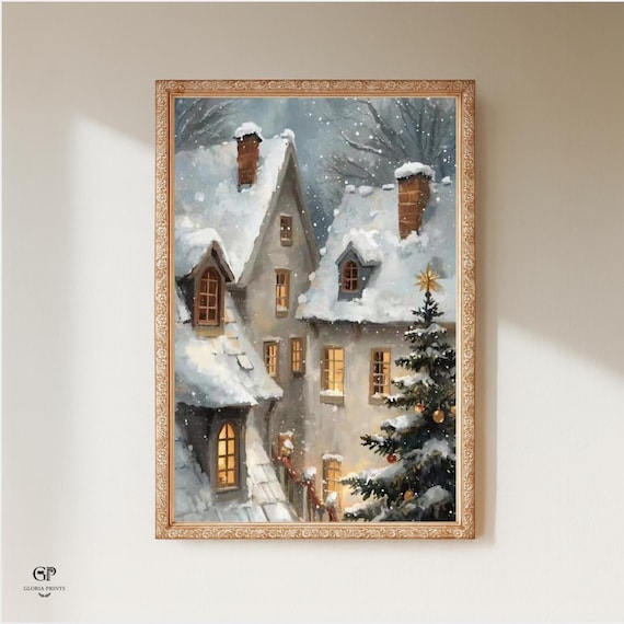 Vintage Christmas Village Painting, Snowy Winter Scene, Farmhouse Print
