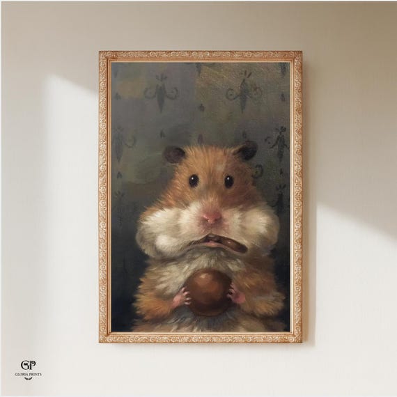 Funny Hamster With Stuffed Cheeks Painting, Cute Rodent Pet Print, Vintage Nursery Decor, Humorous Animal Art, Mailed Print