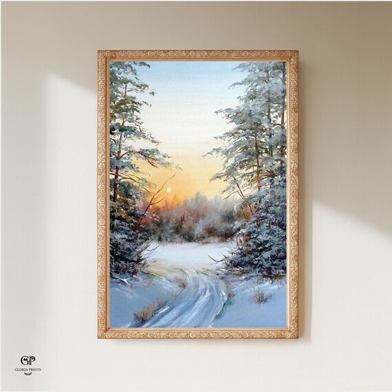 Vintage Winter Forest Path Oil Painting, Snowy Sunset Landscape Print, Rustic Holiday Decor, Nature Art, Mailed Print