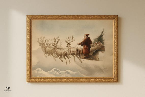 Vintage Father Christmas on Sleigh with Reindeers Poster, Santa Claus Print, Vintage Christmas Decor, Rustic Farmhouse Decor, Christmas Art