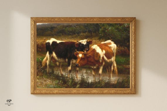 Vintage Cows in Field Art Print | Rustic Farmhouse Decor
