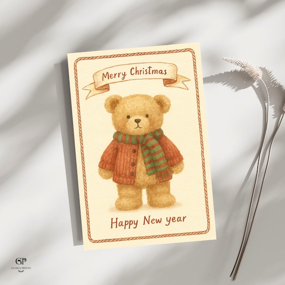 Minimalistic Christmas Card | Cute Bear Watercolor Art | Printable Holiday Greeting | Merry Christmas & Happy New Year Card