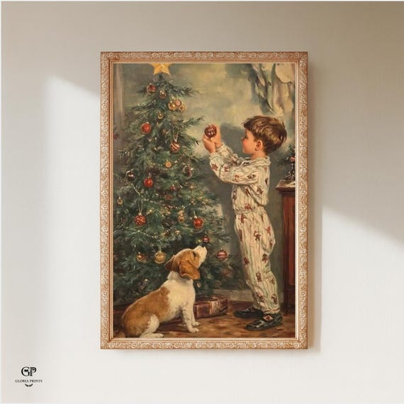 Vintage Boy and Dog Christmas Tree Print | Nostalgic Holiday Art
