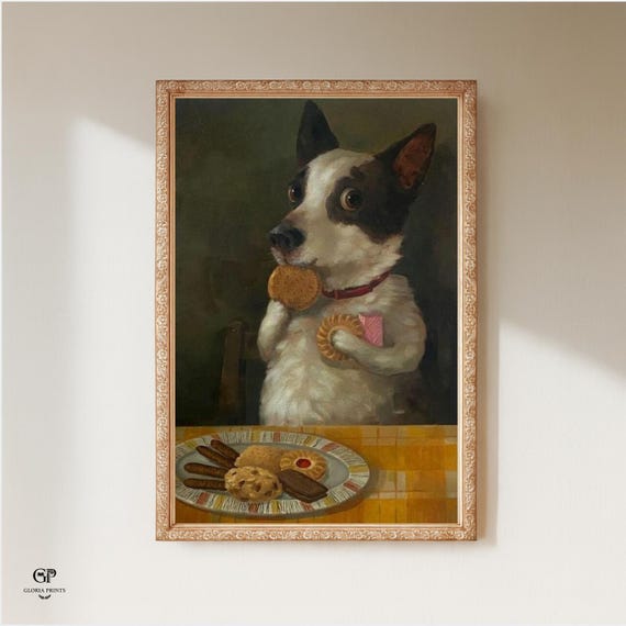 Funny Dog Stealing Biscuits Oil Painting | Humorous Canine Animal Art | Vintage Kitchen Retro Food Decor | Mailed Print
