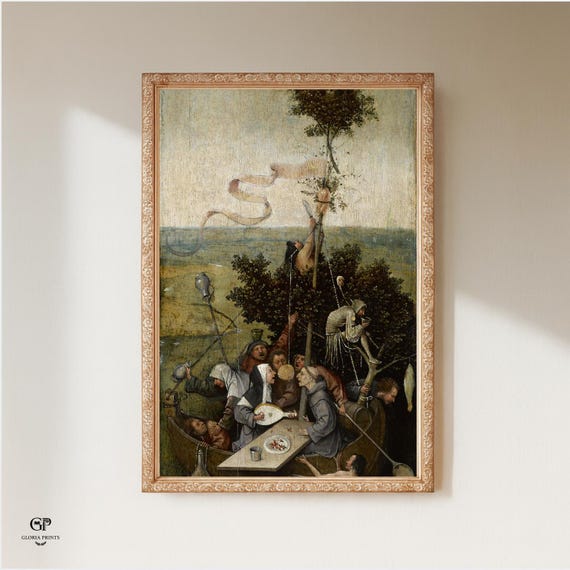 Bosch Ship of Fools Painting Print Ready to Hang, Northern Renaissance Allegory Dark Academia Wall Art Gift