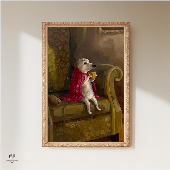 Cozy Dog in Armchair Oil Painting | Funny Canine Animal Art | Vintage Comfort Hygge Decor | Mailed Print