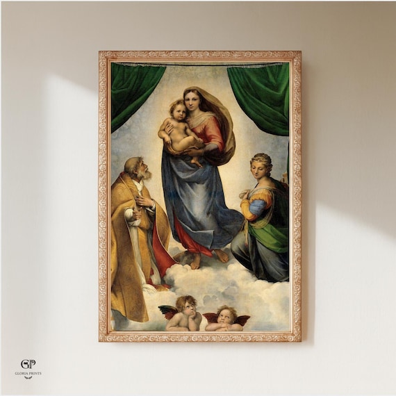 The Sistine Madonna by Raphael 1512 High Renaissance Religious Painting of Virgin Mary and Saints on Clouds Aesthetic Art