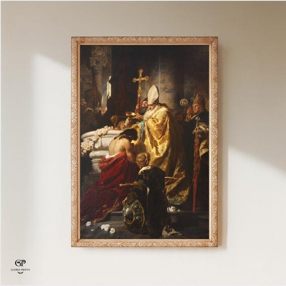 The Baptism of King by Academic Artist 1880 Victorian Historical Painting of Religious Conversion Ceremony Aesthetic Art