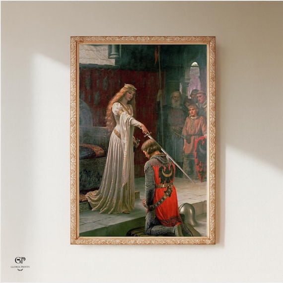 The Accolade by E.B. Leighton | Victorian Knight Painting | Dark Academia Wall Art | Medieval Chivalry Print | Pre-Raphaelite Style Decor