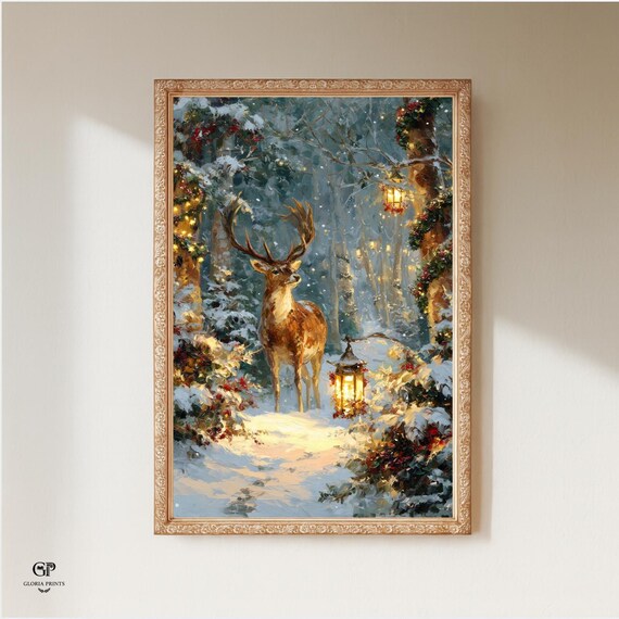 Magical Winter Deer Painting, Vintage Christmas Stag Print, Rustic Holiday Decor, Festive Forest Art, Mailed Print