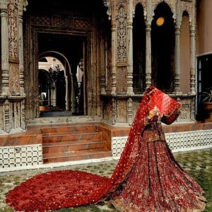 Red Long Trail Wedding Dupatta, bridal dupatta, scarf, veil, Pakistani Indian bride veil