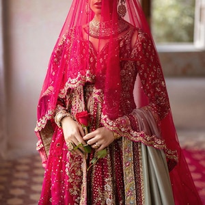 Pink-Red Long Trail Wedding Dupatta, bridal dupatta, scarf, veil,Pakistani Indian bride veil