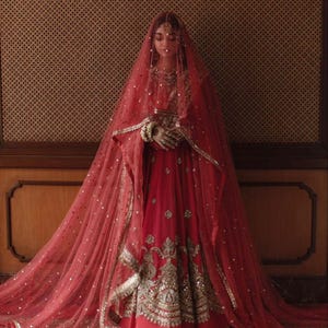 Pakistani Indian Bride veil, Red Long Trail Wedding Dupatta, bridal dupatta, scarf, veil,