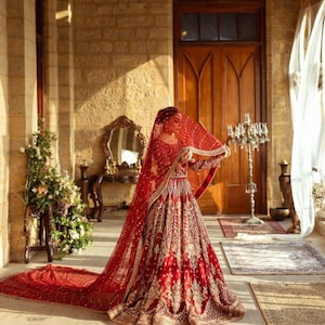 Red Long Trail Wedding Dupatta, bridal dupatta, scarf, veil, can be customize in any colour