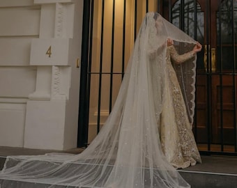 White Gold Long Trail Wedding Dupatta, bridal dupatta, scarf, veil, can be customize in any colour