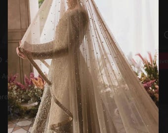 Beige gold Long Trail Wedding Dupatta, bridal dupatta, scarf, veil,