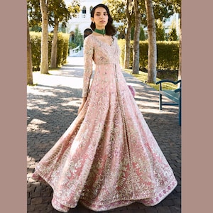 Custom Pink Indian Pakistani bridal wedding wear dress, maxi long dress, handmade embroidered net gown, nikah walima engagement outfit