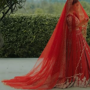 RED Long Trail Wedding Dupatta, bridal dupatta, scarf, veil, can be customize in any colour