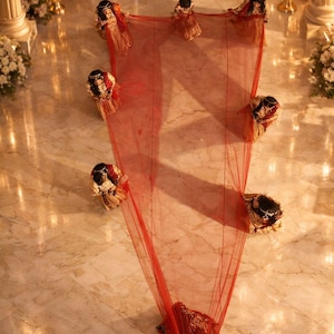 May include: A red sheer fabric is held by several ornate, gold-accented figures, creating a draped effect. The scene is set on a marble floor, with floral arrangements and candles in the background, suggesting a ceremonial event.