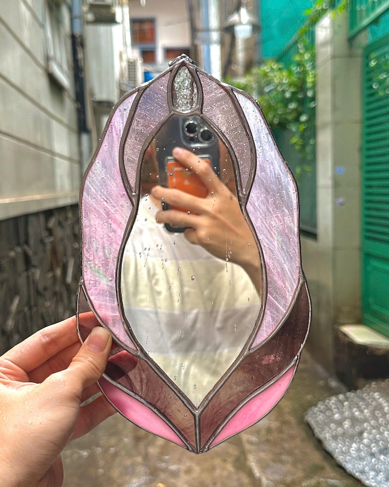 Pink Version Vulva Stained Glass Mirror, Vulva Stained Glass Art, Vulva Art, Stained Glass Suncatcher, Vulva Mirror, Feminine Power, Mirror image 9