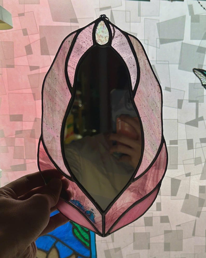 Pink Version Vulva Stained Glass Mirror, Vulva Stained Glass Art, Vulva Art, Stained Glass Suncatcher, Vulva Mirror, Feminine Power, Mirror image 2