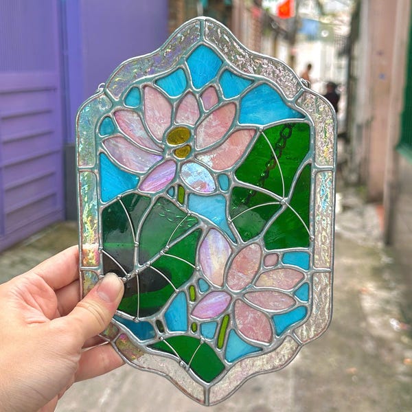 Lotus Stained Glass Panel, Lotus Flower Suncatcher, Flower Stained Glass Panel, Stained Glass Panel, Handmade Stained Glass Panel, Lotus