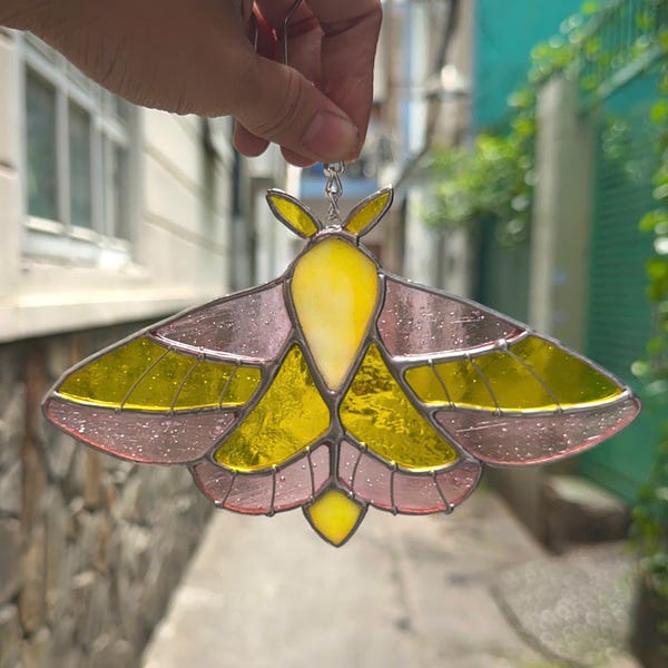 Rosy Maple Moth Stained Glass, Rosy Maple Moth Suncatcher, Moth Stained Glass Suncatcher, Home Decor, Window Decor, Moth Stained Glass