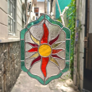 The Sun Stained Glass Panel, Sun Stained Glass, Sun Suncatcher, Celestial Stained Glass, Stained Glass Art, The Sun Stained Glass, Home Deco