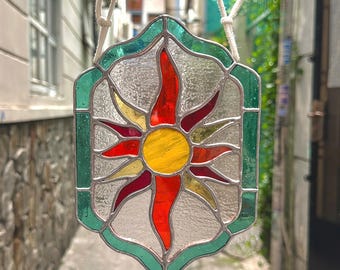 The Sun Stained Glass Panel, Sun Stained Glass, Sun Suncatcher, Celestial Stained Glass, Stained Glass Art, The Sun Stained Glass, Home Deco