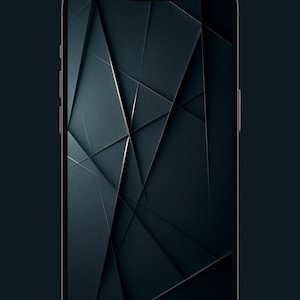 以下が含まれることがあります： ダークマットなフレームのスマートフォンで、画面にはチャコールグレーと深い青の色合いで細い線が交差する幾何学模様が表示されており、ディスプレイ全体にシャープで角張った重なり合う視覚効果を生み出しています。