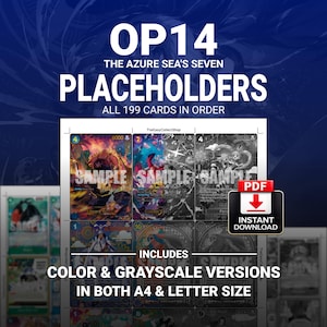 Op de afbeelding: Advertentie voor OP14-plaatsaanduidingen, met voorbeelden van verzamelkaarten in kleur en grijstinten. De tekst bevat "OP14" en "PLACEHOLDERS". Inclusief A4- en Letter-formaten. Directe PDF-download.