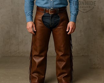 Custom Made Brown Leather Chaps for Men | Horse Riding Leather Chaps | Classic Western Cowboy Chaps | Biker Festival Pants Cover