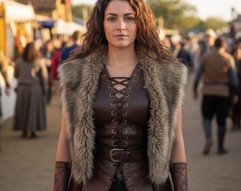 Chaleco de cuero para mujer hecho a mano con cordones y ribete de piel, estilo renacentista, marrón, para cosplay medieval, traje de festival vikingo, disfraz de LARP