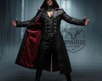 Handmade Men's Genuine Black Leather Long Hooded Coat | Custom Gothic Trench | Steampunk Cosplay Overcoat | Tailored Leather Streetwear