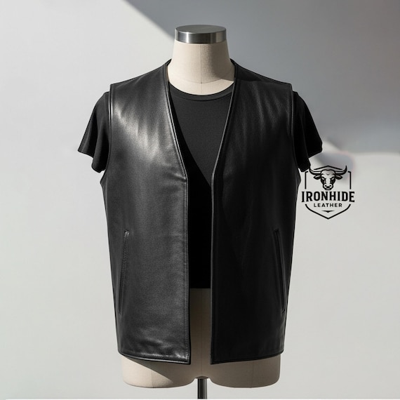 Handmade Black Leather Vest for Men | Minimalist Open-Front Gilet | Genuine Cowhide Waistcoat | Custom Tailored Fit | Classic Biker Style